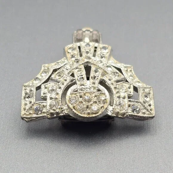 Vintage Art Deco Rhinestone Dress Clip 1.5" Silver Tone Estate Jewelry Cutouts - Picture 3 of 9